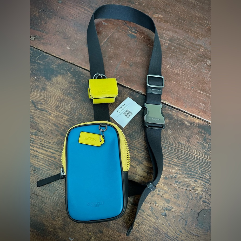Coach Blue and Yellow Unisex Phone Pack /Earbud Case Crossbody Bag